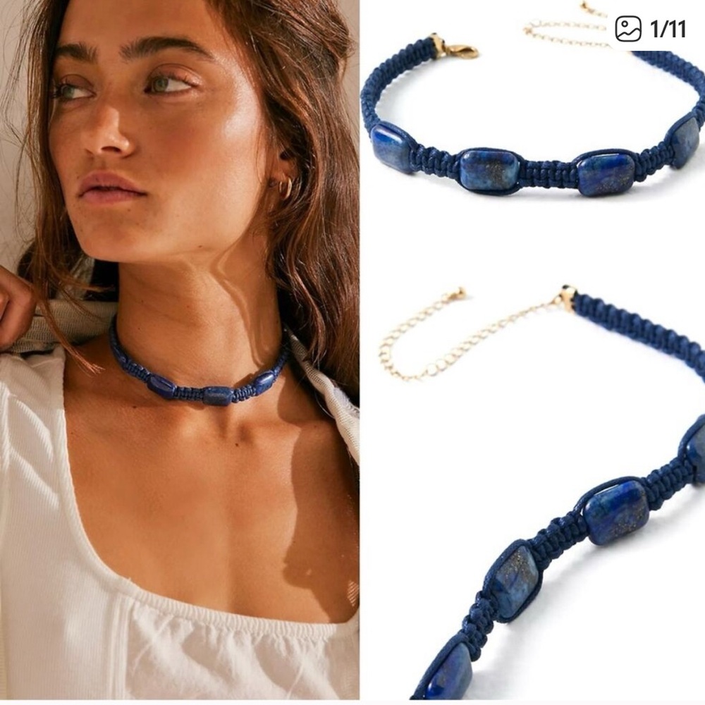 Free People Sweet Carolina Choker Necklace Blue Lapis NWT Bohemian Macrame 70s